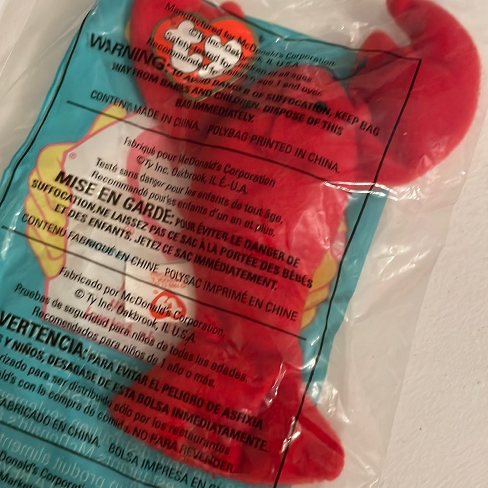 Rare 1995 Mcdonald's Ty Beanie Baby Lobster "Pinchers"